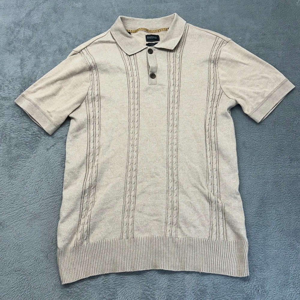 Buffalo David Bitton Mens Beige Cable Knit Short Sleeve Polo Shirt Small WAGNERS